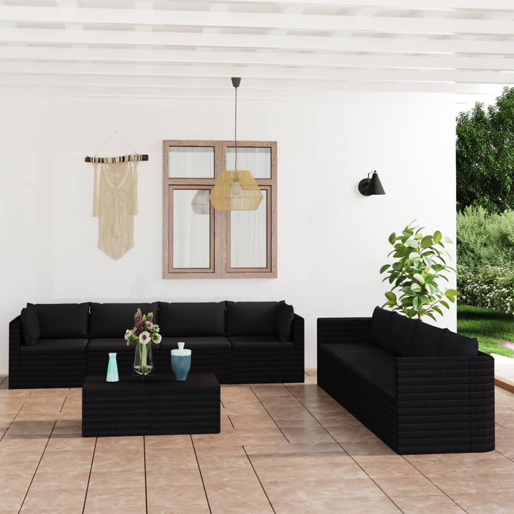 vidaXL 9-częściowy zestaw mebli do ogrodu, poduszki, rattan PE, czarny