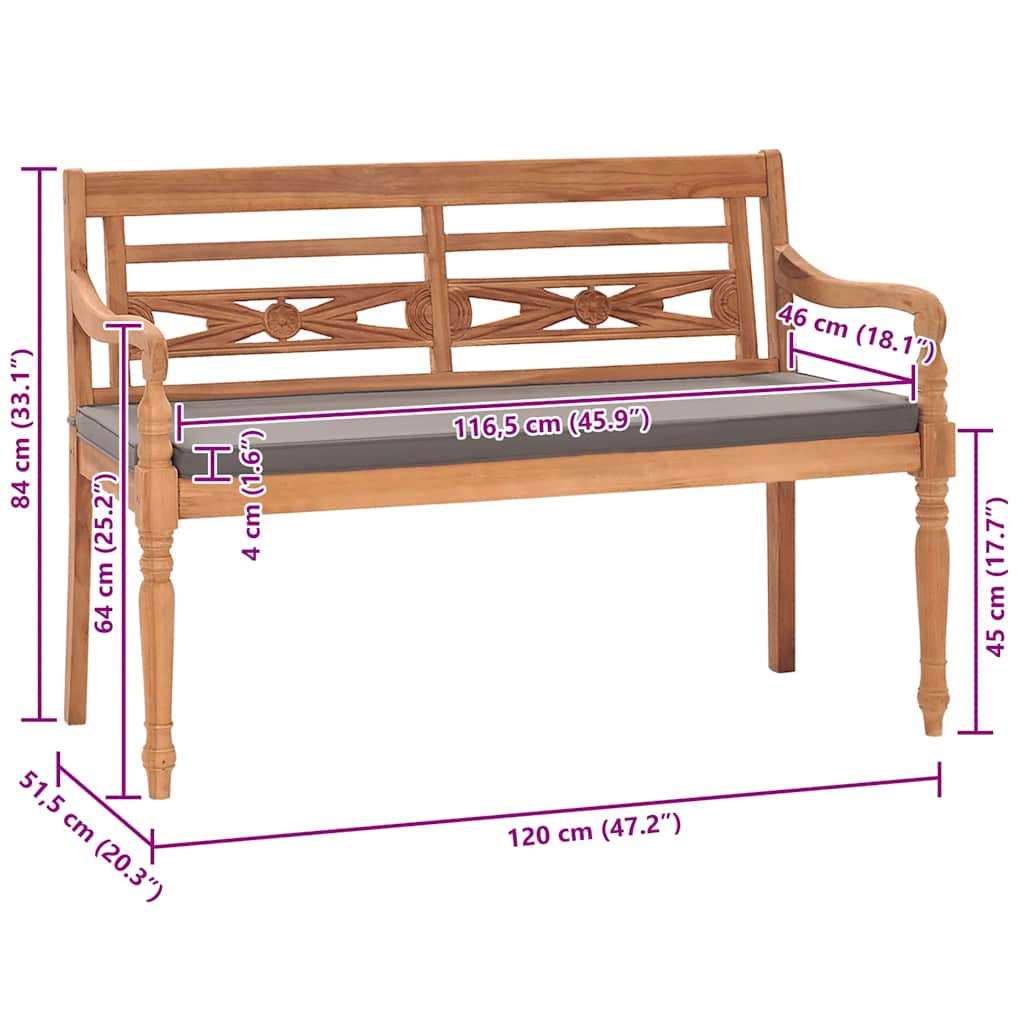 vidaXL Ławka Batavia z ciemnoszarą poduszką, 120 cm, drewno tekowe