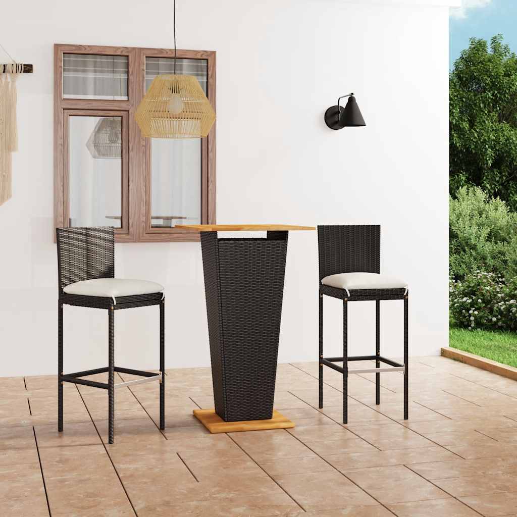 vidaXL 3-cz. zestaw barowy do ogrodu, z poduszkami, rattan PE, czarny