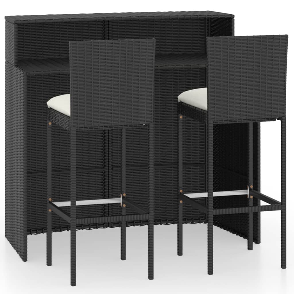 vidaXL 3-cz. zestaw barowy do ogrodu, z poduszkami, rattan PE, czarny