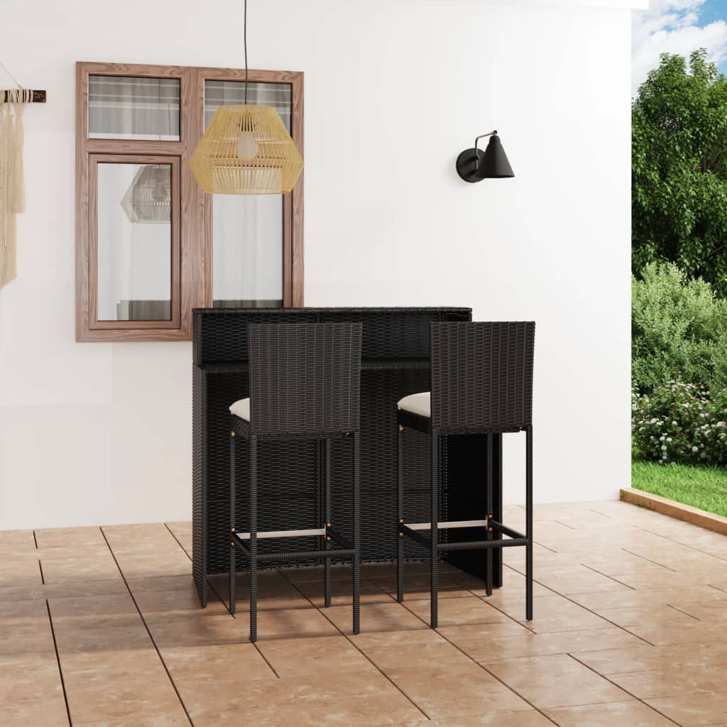 vidaXL 3-cz. zestaw barowy do ogrodu, z poduszkami, rattan PE, czarny