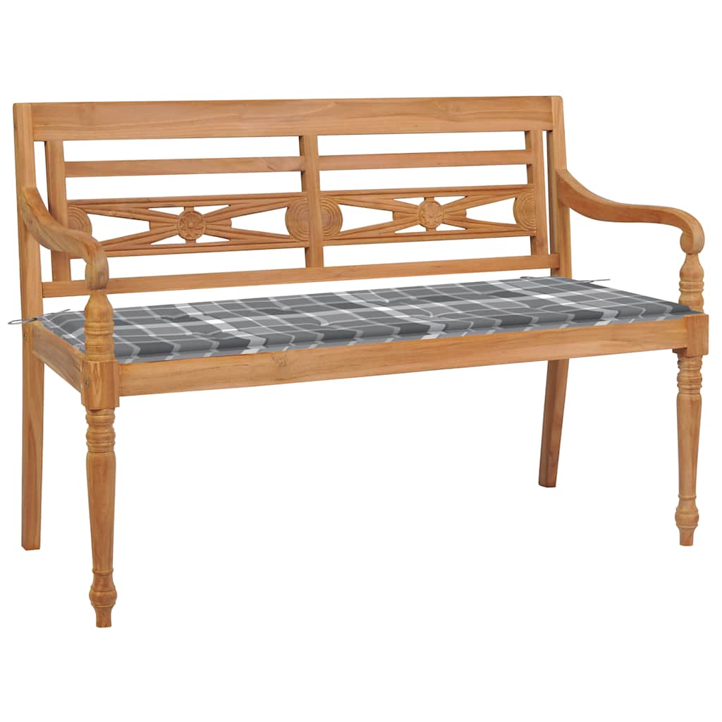 vidaXL Ławka Batavia z poduszką w szarą kratę, 120 cm, lity tek