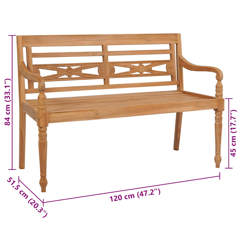 vidaXL Ławka Batavia z poduszką w szarą kratę, 120 cm, lity tek