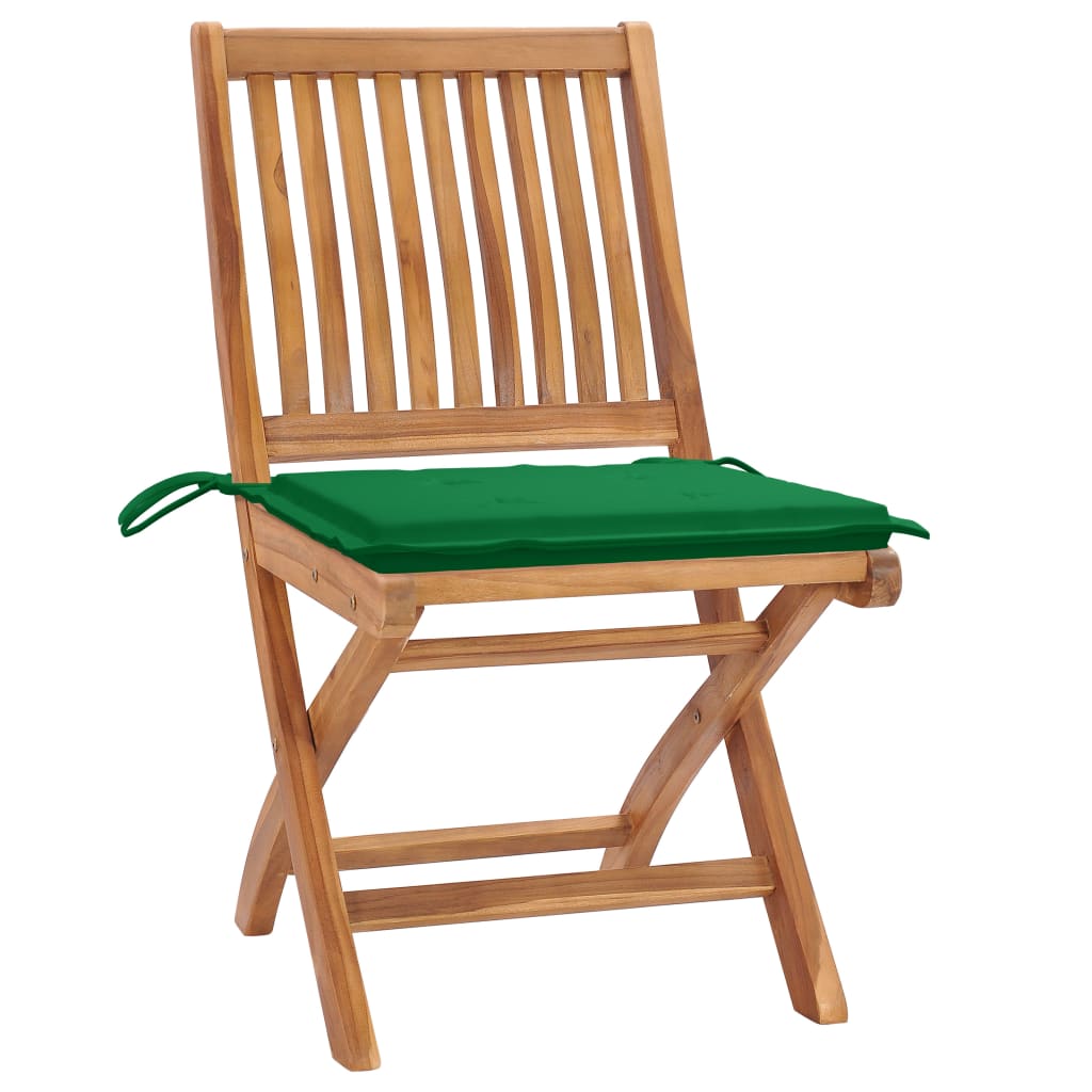 vidaXL Krzesła ogrodowe, 2 szt., zielone poduszki, lite drewno tekowe