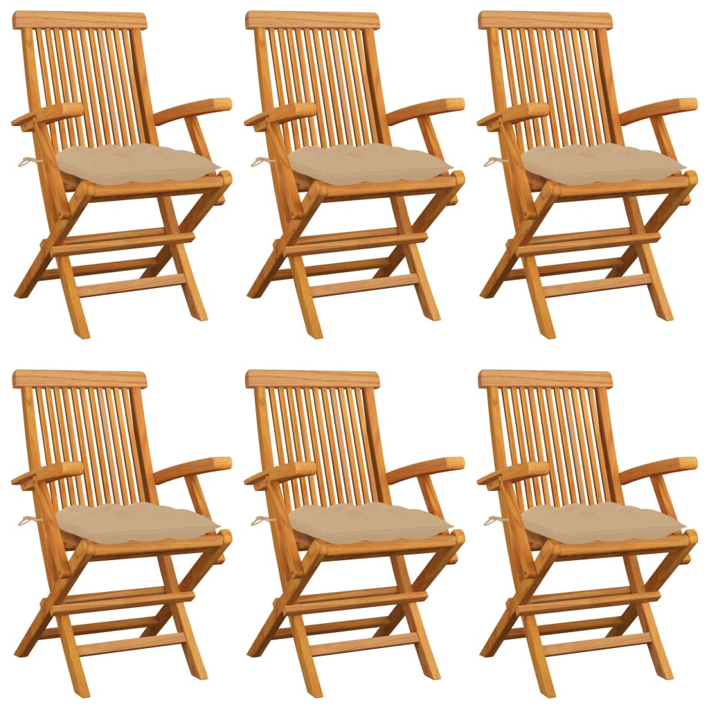 vidaXL Krzesła ogrodowe, beżowe poduszki, 6 szt., drewno tekowe