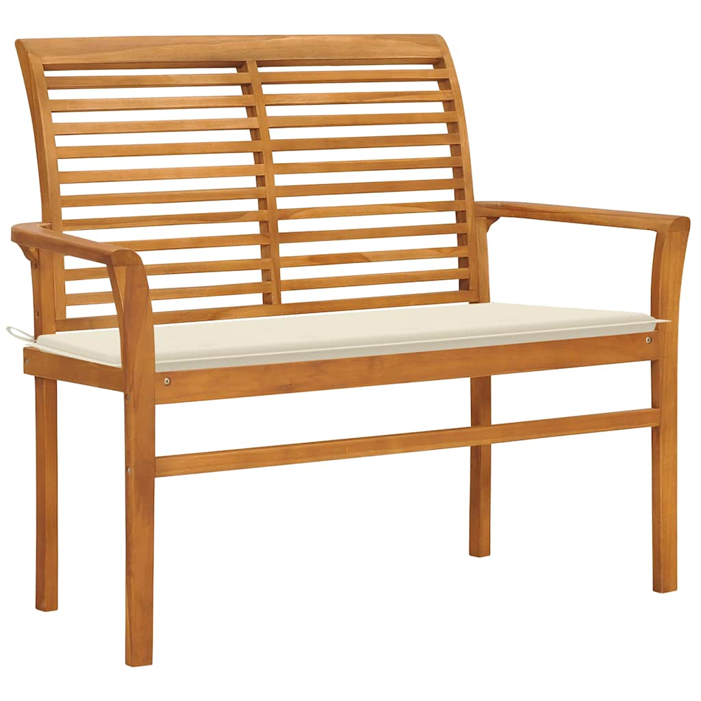 vidaXL Ławka ogrodowa z kremową poduszką, 112 cm, lite drewno tekowe