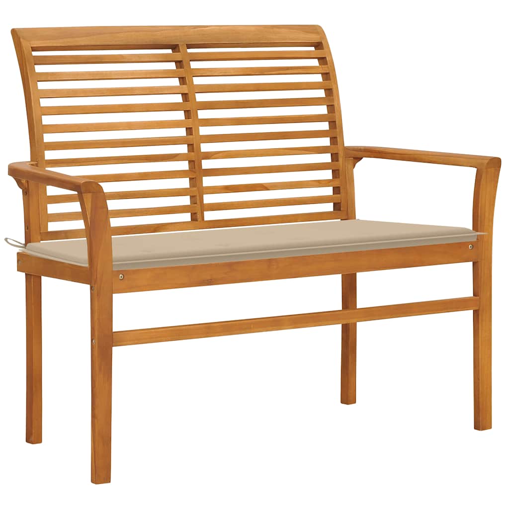 vidaXL Ławka ogrodowa z beżową poduszką, 112 cm, drewno tekowe