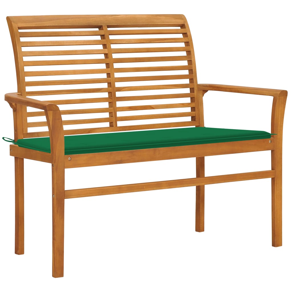 vidaXL Ławka ogrodowa z zieloną poduszką, 112 cm, lite drewno tekowe