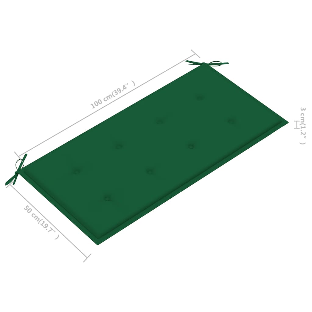 vidaXL Ławka ogrodowa z zieloną poduszką, 112 cm, lite drewno tekowe