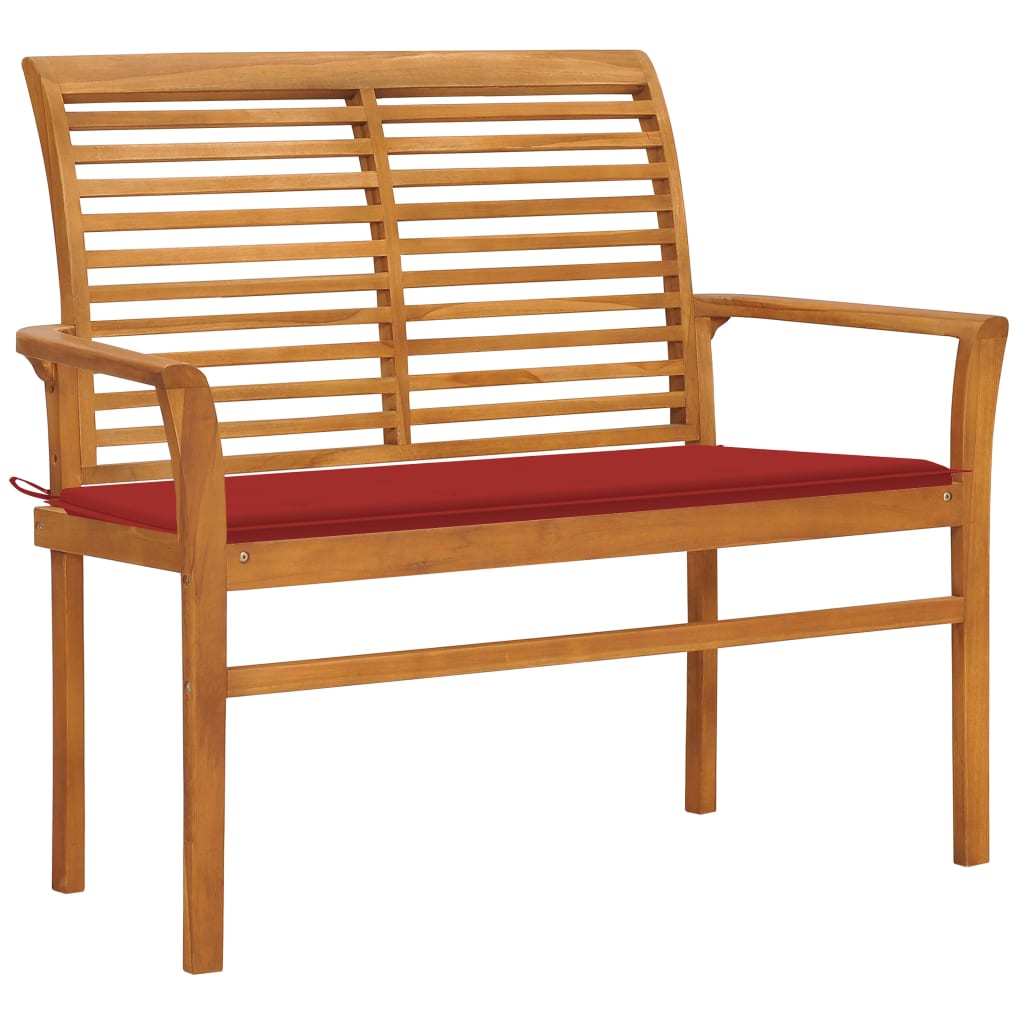 vidaXL Ławka ogrodowa z czerwoną poduszką, 112 cm, lite drewno tekowe