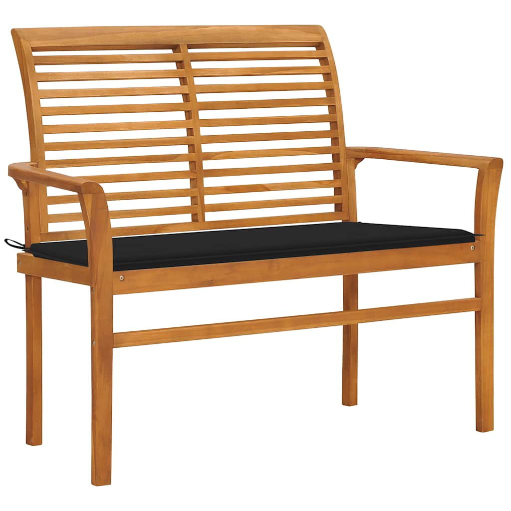 vidaXL Ławka ogrodowa z czarną poduszką, 112 cm, lite drewno tekowe