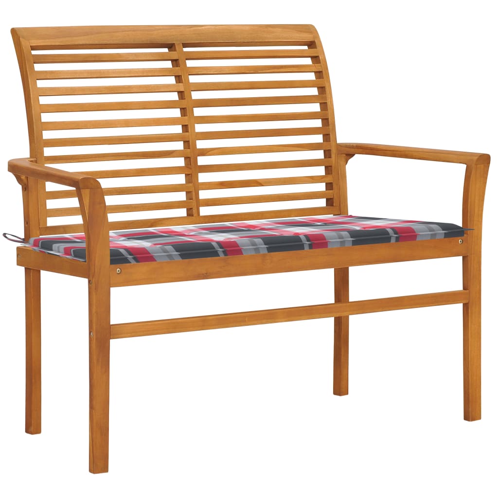 vidaXL Ławka ogrodowa z poduszką w czerwoną kratę, 112 cm, tek
