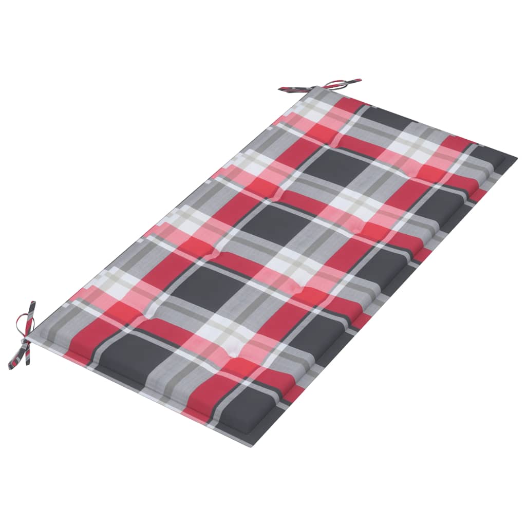 vidaXL Ławka ogrodowa z poduszką w czerwoną kratę, 112 cm, tek