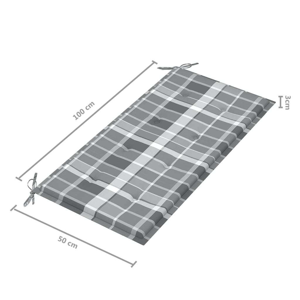 vidaXL Ławka ogrodowa z poduszką w szarą kratę, 112 cm, drewno tekowe