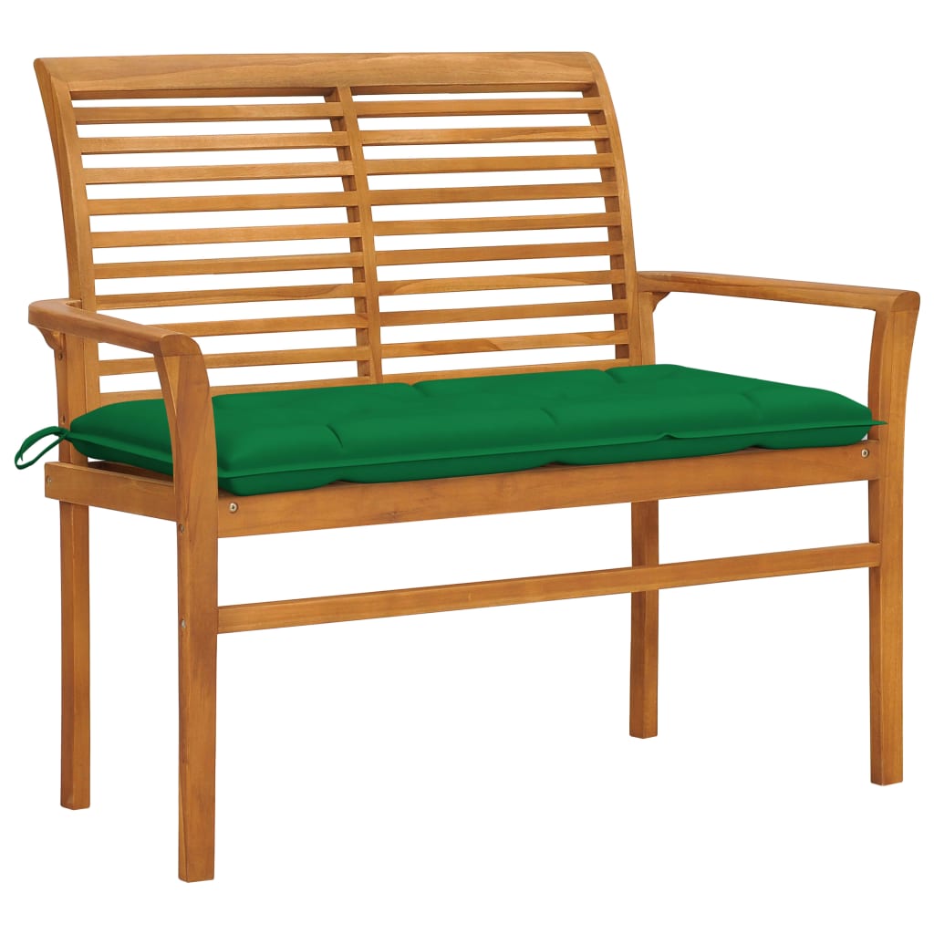 vidaXL Ławka ogrodowa z zieloną poduszką, 112 cm, lite drewno tekowe