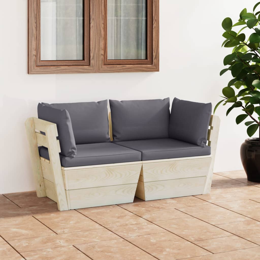vidaXL Ogrodowa sofa 2-osobowa z palet, z poduszkami, drewno świerkowe