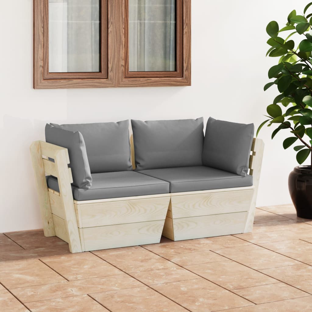 vidaXL Ogrodowa sofa 2-osobowa z palet, z poduszkami, drewno świerkowe