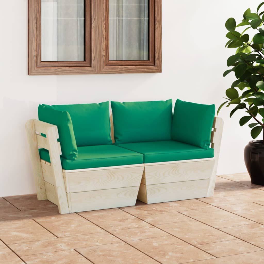 vidaXL Ogrodowa sofa 2-osobowa z palet, z poduszkami, drewno świerkowe