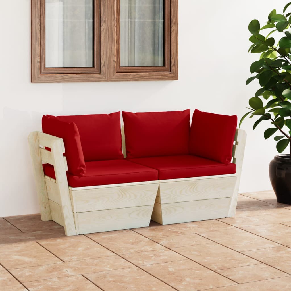 vidaXL Ogrodowa sofa 2-osobowa z palet, z poduszkami, drewno świerkowe