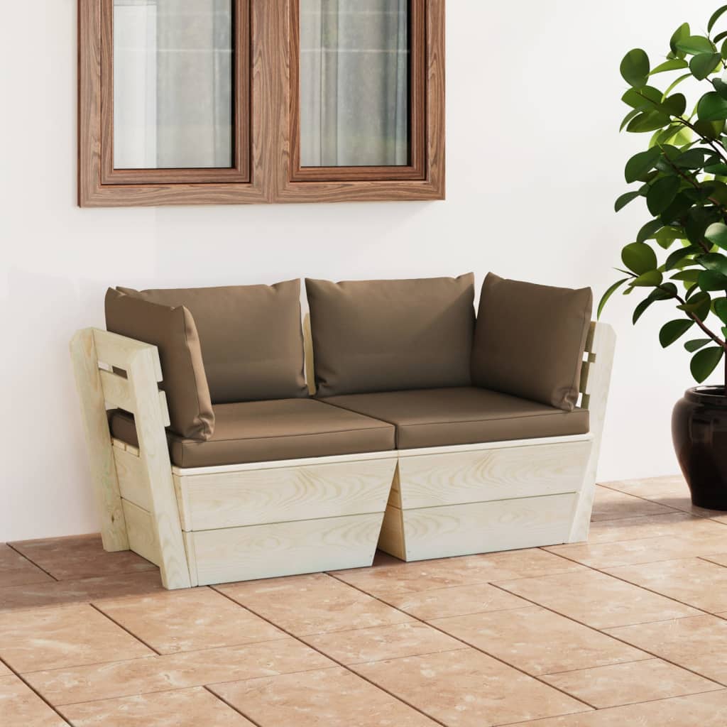 vidaXL Ogrodowa sofa 2-osobowa z palet, z poduszkami, drewno świerkowe