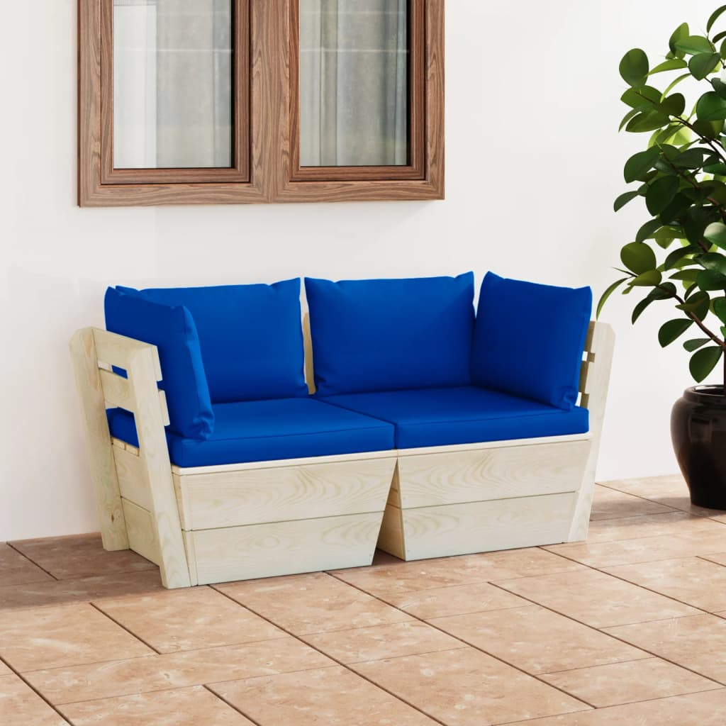 vidaXL Ogrodowa sofa 2-osobowa z palet, z poduszkami, drewno świerkowe