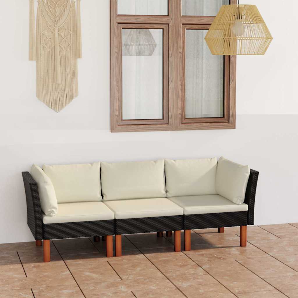 vidaXL 3-osobowa sofa ogrodowa z poduszkami, polirattan, czarna