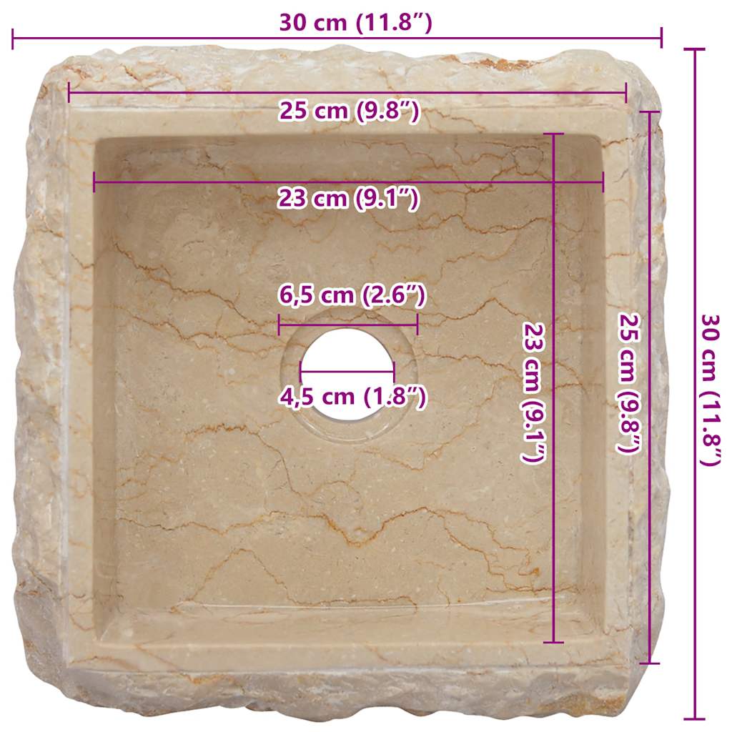 vidaXL Umywalka, kremowa, 30 x 30 x 13 cm, marmurowa