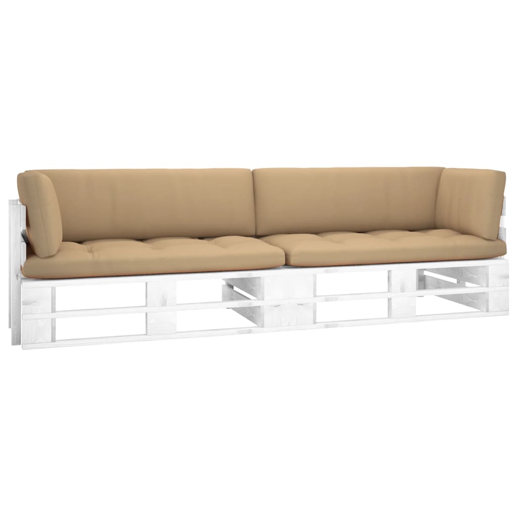vidaXL Sofa 2-osobowa z palet, z poduszkami, biała, drewno sosnowe