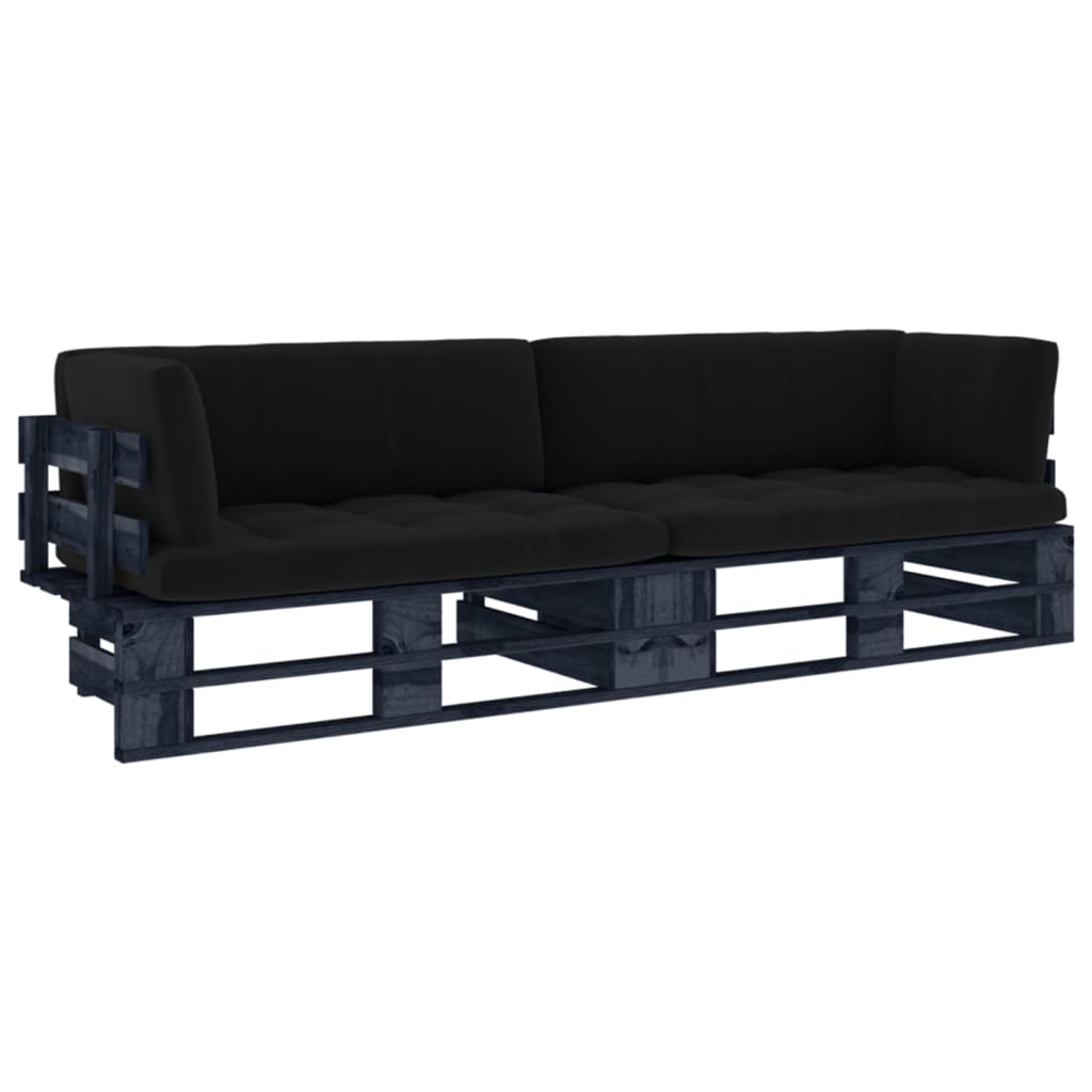 vidaXL Sofa 2-osobowa z palet, z poduszkami, czarna, drewno sosnowe