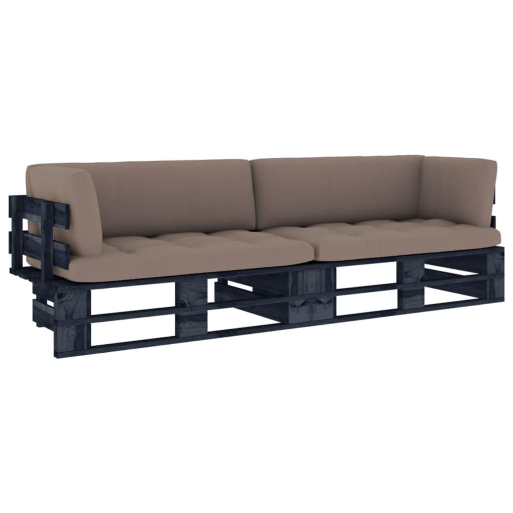 vidaXL Sofa 2-osobowa z palet, z poduszkami, czarna, drewno sosnowe