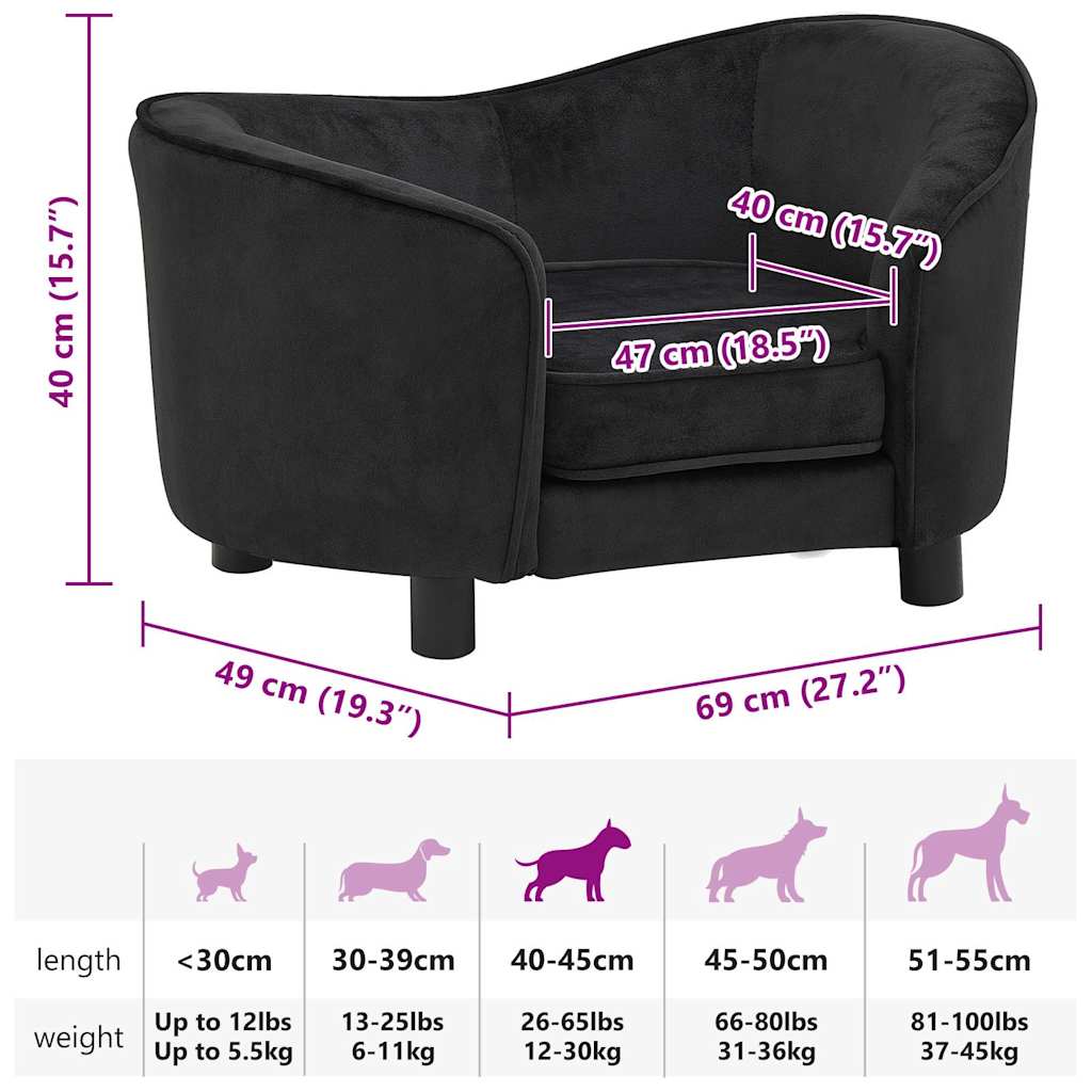 vidaXL Sofa dla psa, czarna, 69x49x40 cm, pluszowa