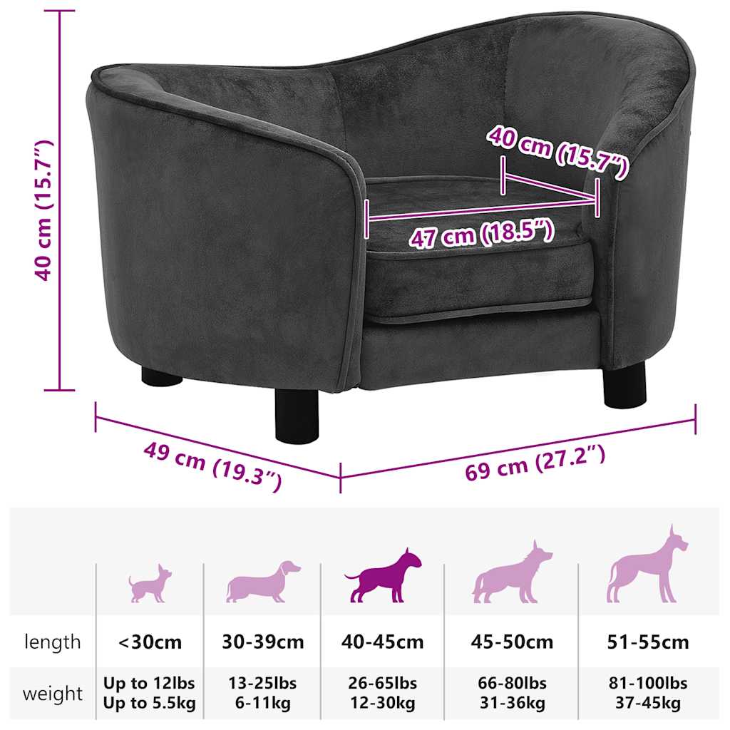 vidaXL Sofa dla psa, ciemnoszara, 69x49x40 cm, pluszowa