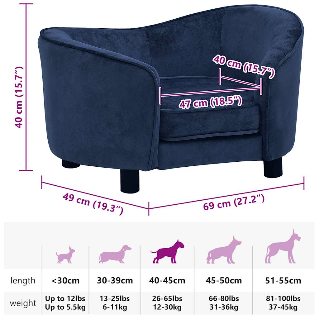 vidaXL Sofa dla psa, niebieska, 69x49x40 cm, pluszowa