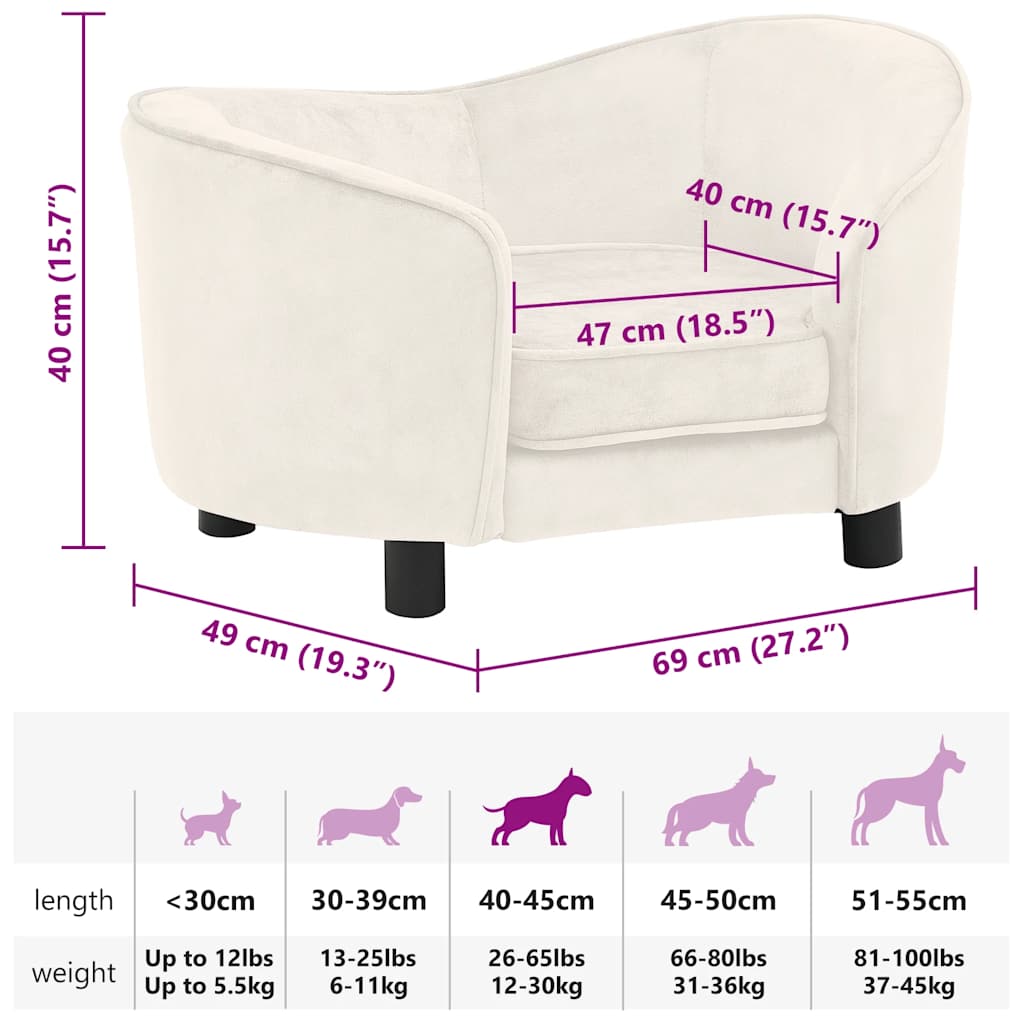 vidaXL Sofa dla psa, kremowa, 69x49x40 cm, pluszowa