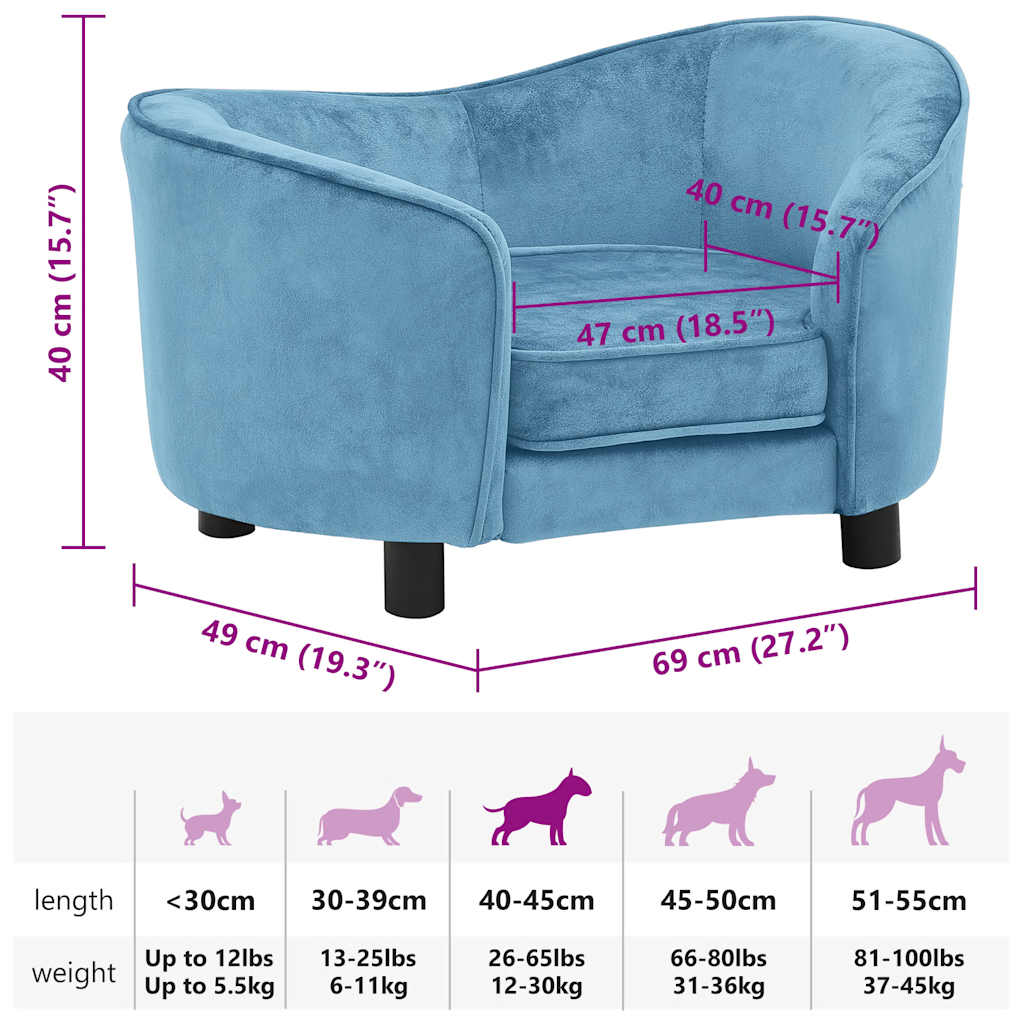 vidaXL Sofa dla psa, turkusowa, 69x49x40 cm, pluszowa