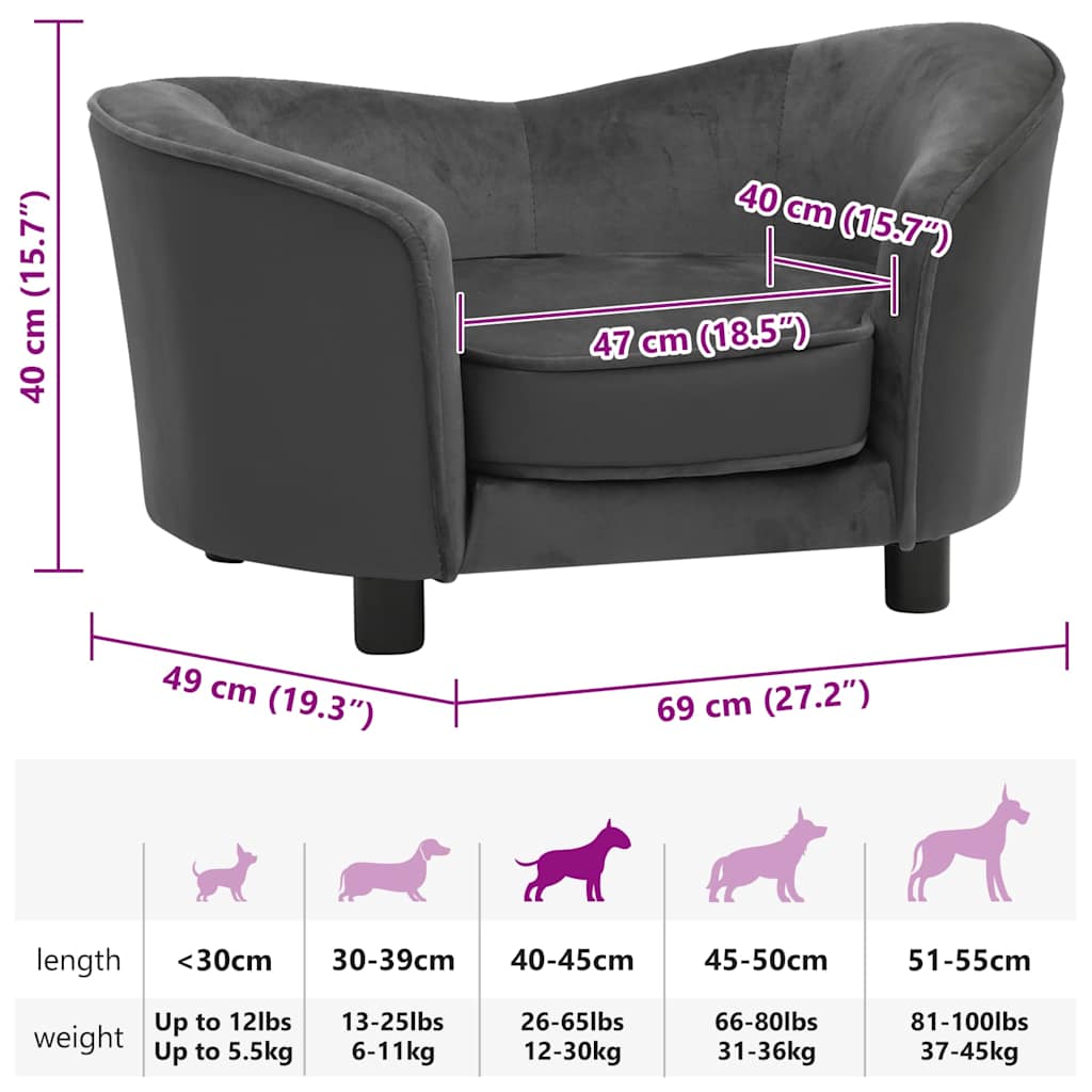 vidaXL Sofa dla psa, ciemnoszara, 69x49x40 cm, plusz i sztuczna skóra