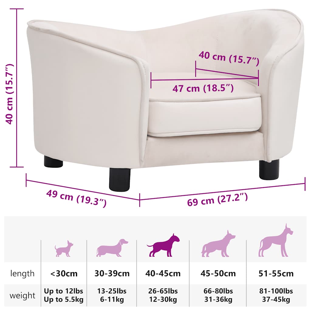 vidaXL Sofa dla psa, kremowa, 69x49x40 cm, plusz i sztuczna skóra