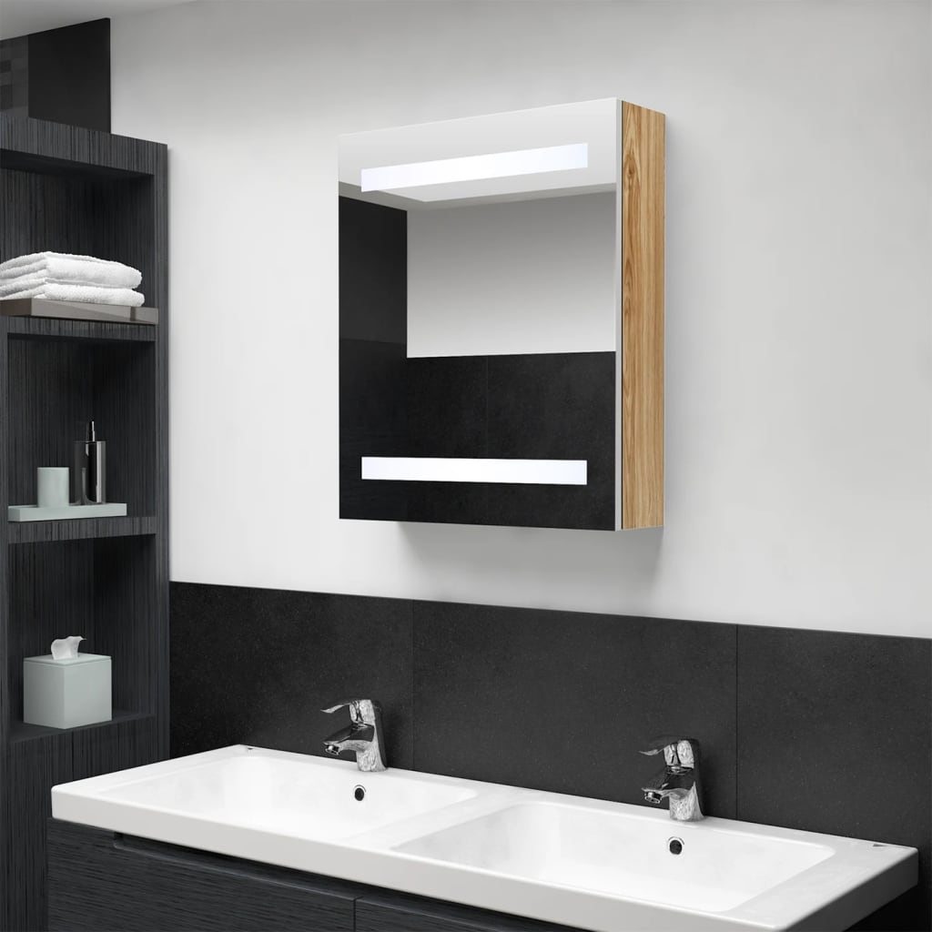 vidaXL Szafka łazienkowa z lustrem i LED, biel i dąb, 50x14x60 cm