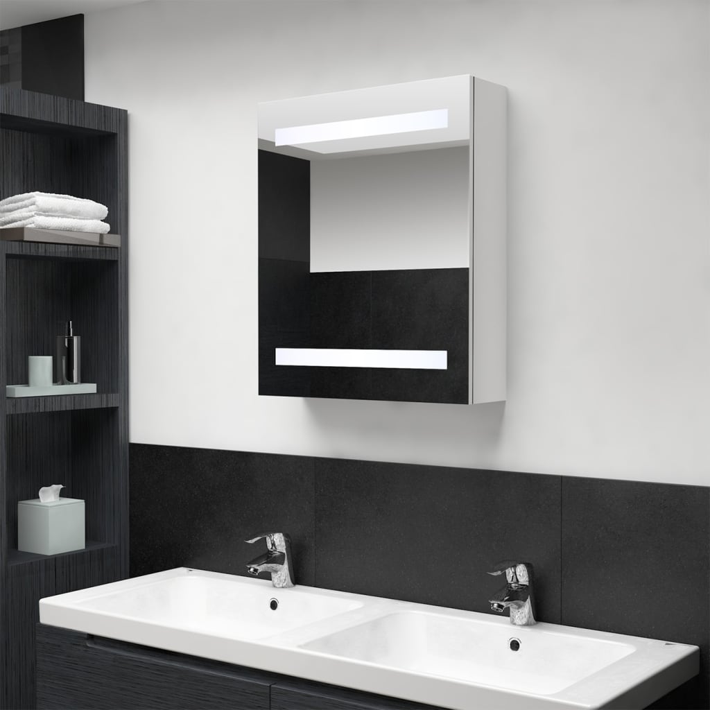 vidaXL Szafka łazienkowa z lustrem i LED, lśniąca biel, 50x14x60 cm