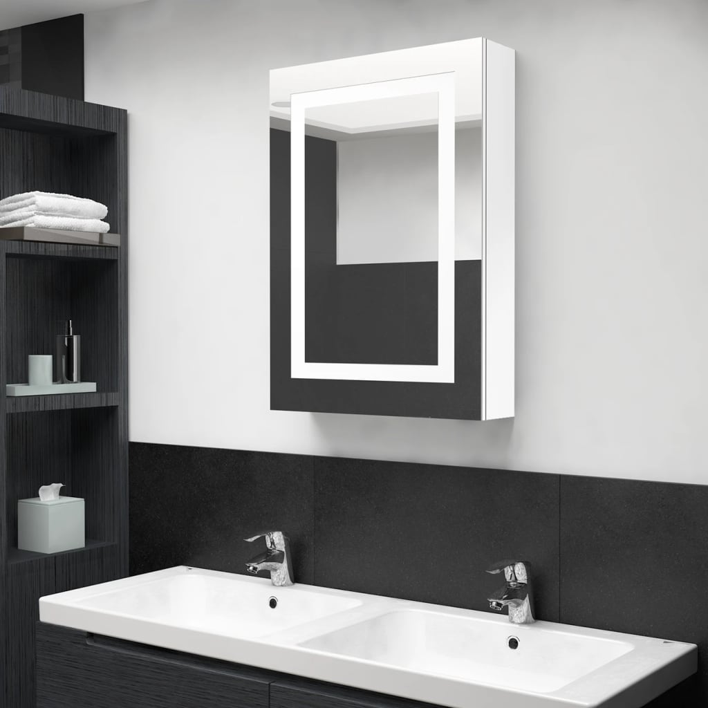 vidaXL Szafka łazienkowa z lustrem i LED, lśniąca biel, 50x13x70 cm