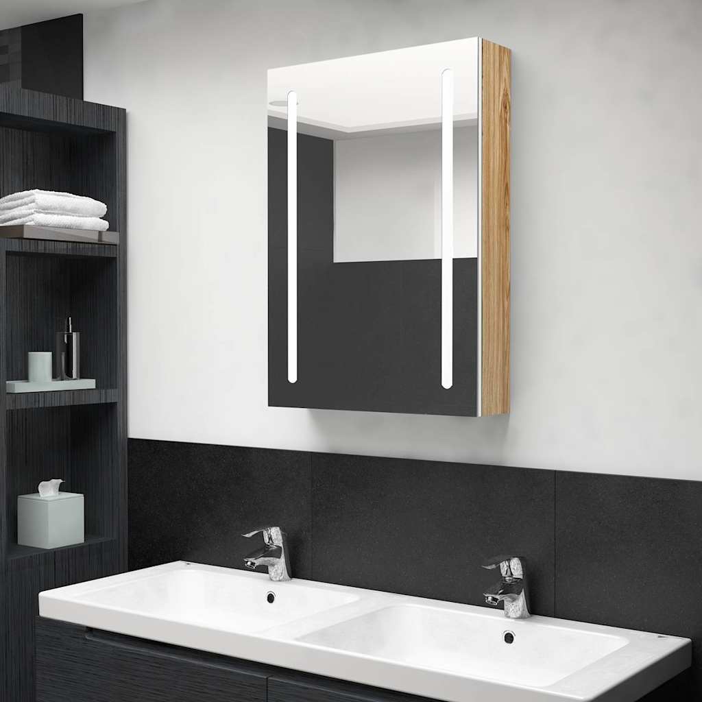 vidaXL Szafka łazienkowa z lustrem i LED, biało-dębowa, 50x13x70 cm