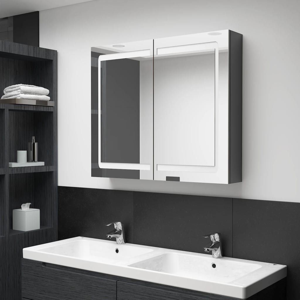 vidaXL Szafka łazienkowa z lustrem i LED, lśniąca szarość, 80x12x68 cm