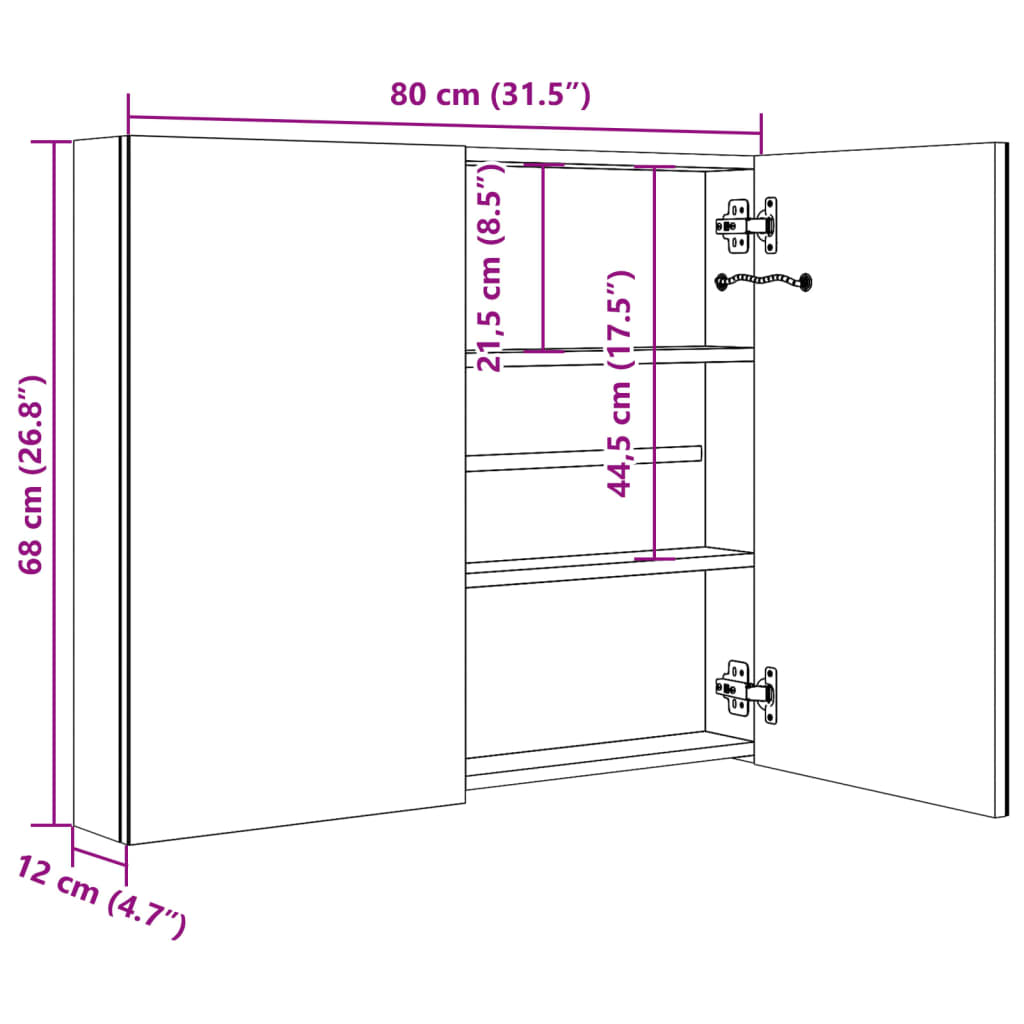 vidaXL Szafka łazienkowa z lustrem i LED, biel i dąb, 80x12x68 cm