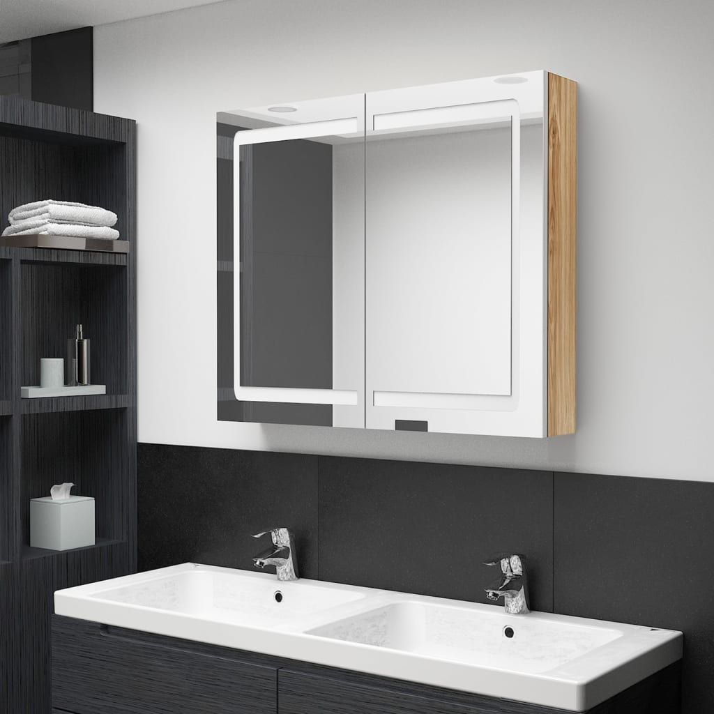vidaXL Szafka łazienkowa z lustrem i LED, biel i dąb, 80x12x68 cm