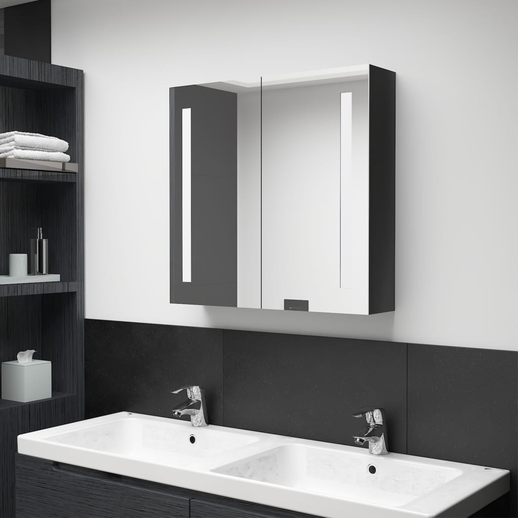 vidaXL Szafka łazienkowa z lustrem i LED, czerń z połyskiem 62x14x60cm