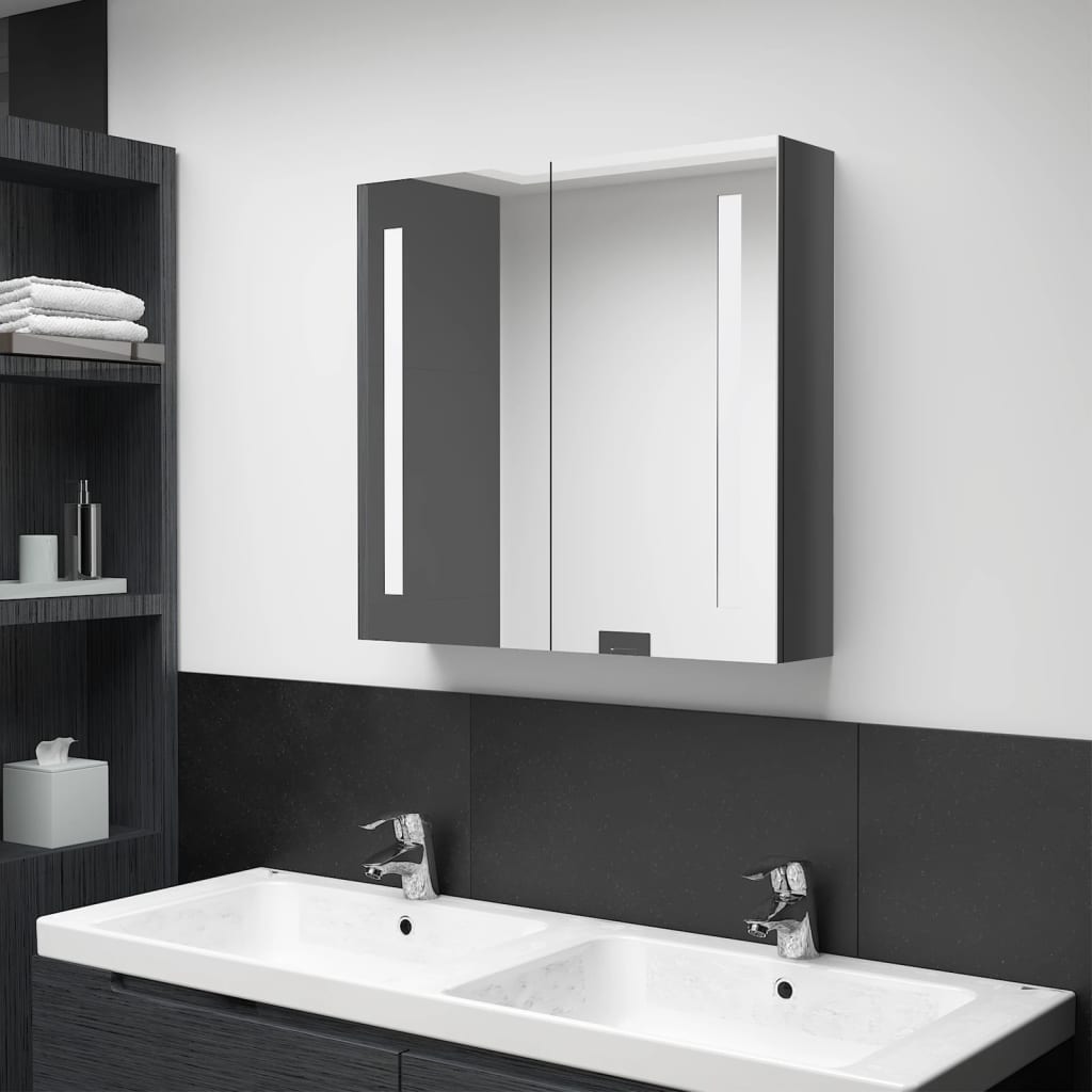 vidaXL Szafka łazienkowa z lustrem, LED, szara z połyskiem 62x14x60 cm