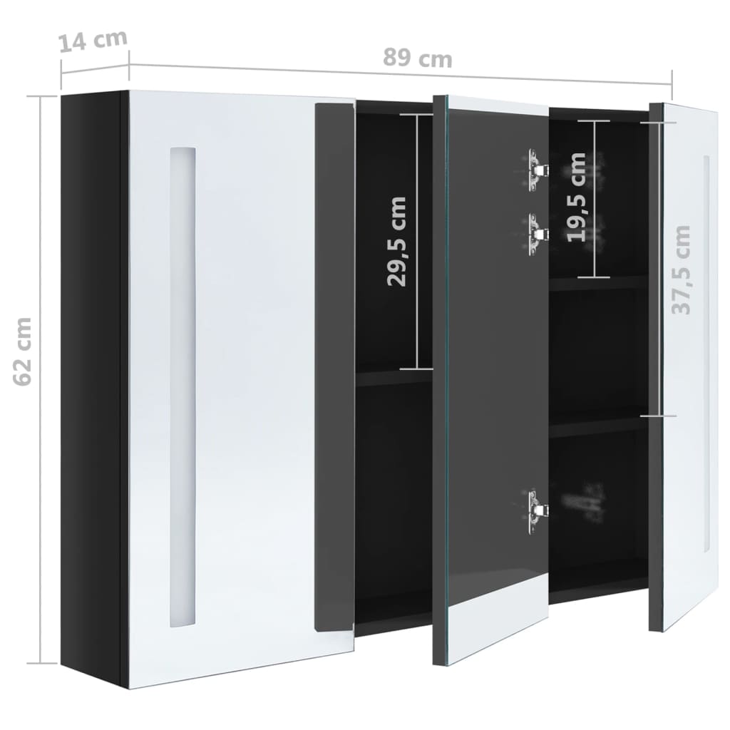 vidaXL Szafka łazienkowa z lustrem i LED, 89x14x62 cm, lśniąca czerń
