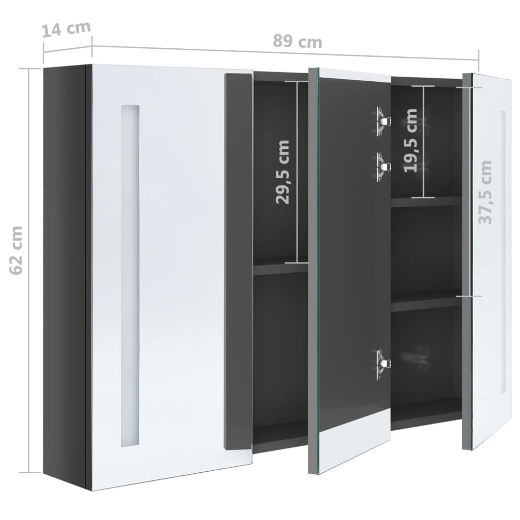 vidaXL Szafka łazienkowa z lustrem i LED, 89x14x62 cm, lśniąca szarość