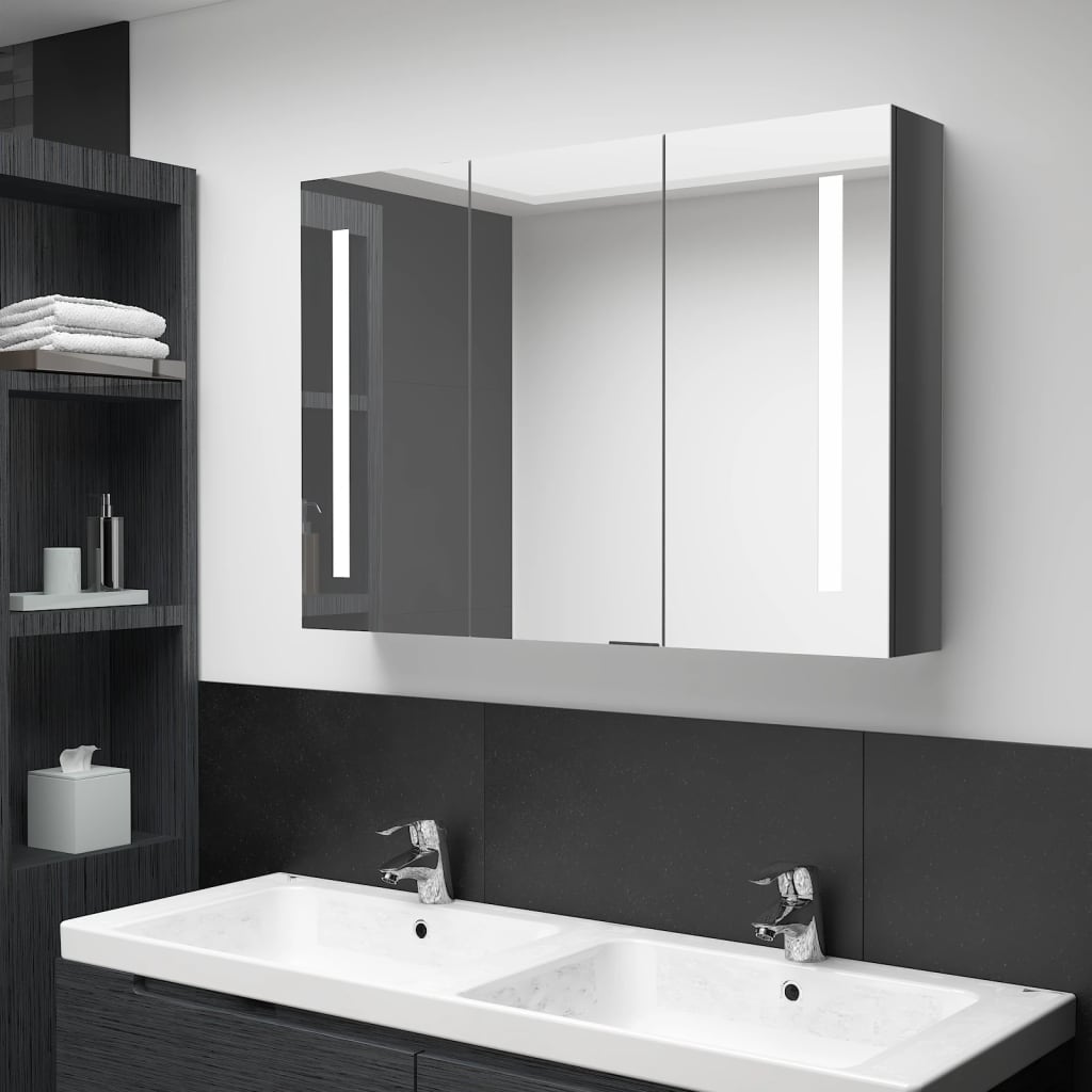 vidaXL Szafka łazienkowa z lustrem i LED, 89x14x62 cm, lśniąca szarość