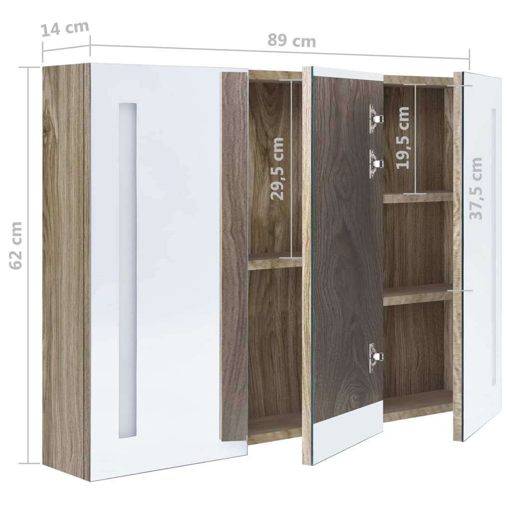 vidaXL Szafka łazienkowa z lustrem i LED, 89 x 14 x 62 cm, kolor dębu